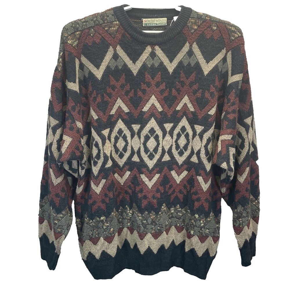 Vtg North Winds Cotton‎ Traders Men XL Sweater Wool Blend Fair Isle Geo Pattern